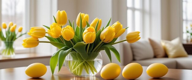 Vaso con tulipanes y huevos de Pascua en la mesa decoración de la casa festiva Concepto feliz de Pascua