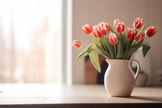 Foto vaso con tulipanes en la mesa cerca de la ventana