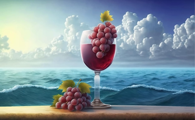 Vaso de uvas rojas en medio de la ilustración de vector de isla tropical