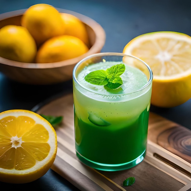 Un vaso verde amarillo vibrante de jugo de menta y limón