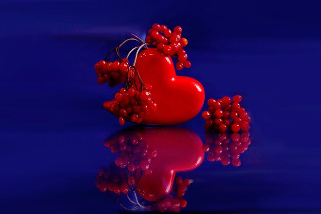 Vaso vermelho em forma de coração com ramos vermelhos de viburnum em um reflexo de fundo azul de objetos fechados