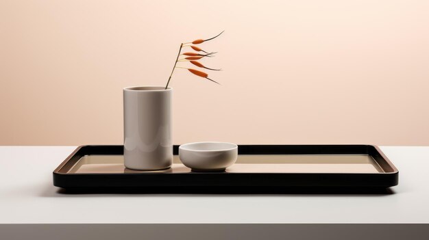 Foto vaso de vidrio blanco elegante en una bandeja negra minimalista