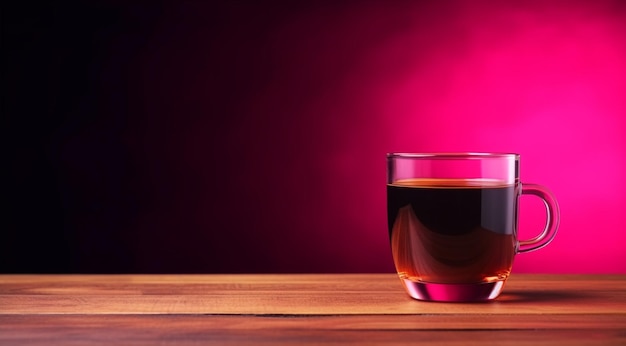 vaso de vidrio con café negro sobre una mesa de madera con un fondo magenta claro generativa IA