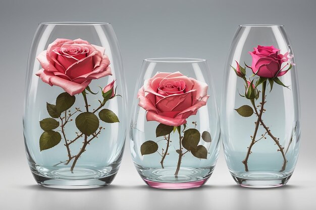 Vaso de vidrio con conjunto transparente de rosas