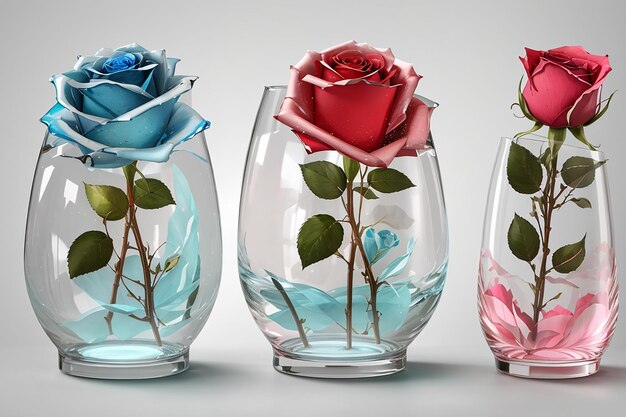 Vaso de vidrio con conjunto transparente de rosas