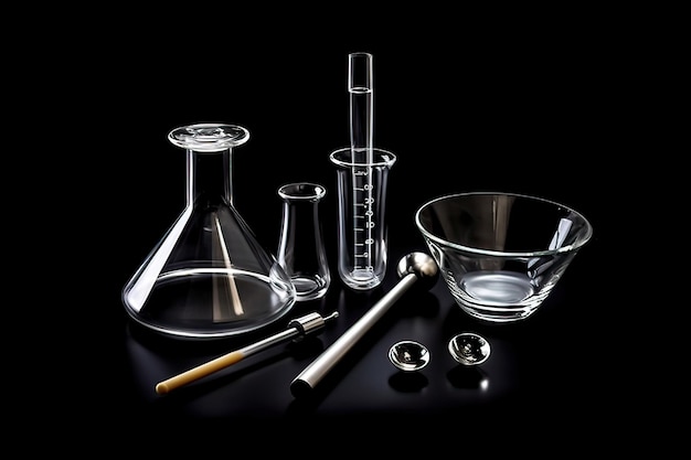 Foto un vaso de vidrio con una cuchara y un cuenco sobre un fondo negro.
