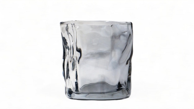 Un vaso de vidrio curvo vacío aislado en platos torcidos de fondo blanco