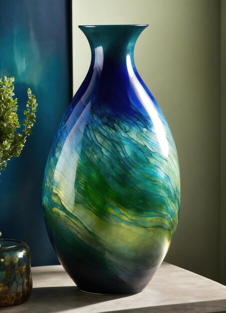 Vaso de vidrio decorativo colorido con patrón verde y azul en la mesa