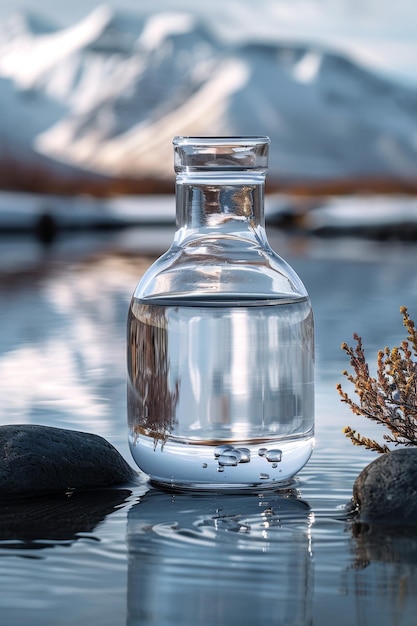 Un vaso de vidrio transparente con agua potable de montaña en el fondo de montañas cubiertas de nieve El concepto de beber agua mineral