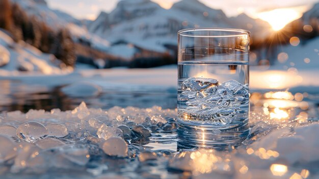 Un vaso de vidrio transparente con agua potable de montaña en el fondo de montañas cubiertas de nieve El concepto de beber agua mineral