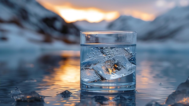 Un vaso de vidrio transparente con agua potable de montaña en el fondo de montañas cubiertas de nieve El concepto de beber agua mineral