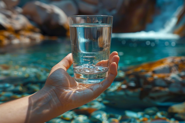 Vaso de vidrio transparente con agua potable de montaña en la mano sobre el fondo de un río de montaña El concepto de beber agua mineral