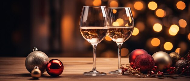 Foto un vaso de vino con adornos de navidad a su lado