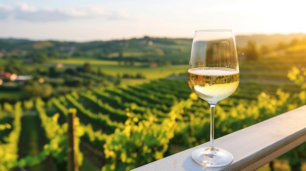 Un vaso de vino en un balcón con vides en el fondo