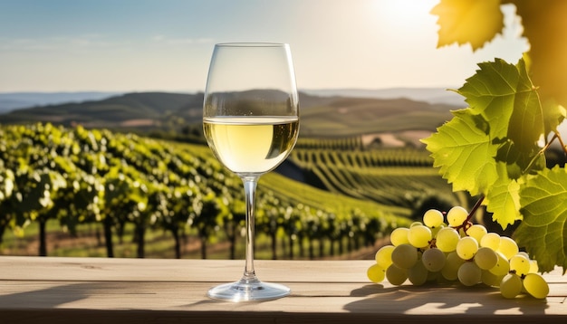 Un vaso de vino blanco en una mesa con un ramo de uvas