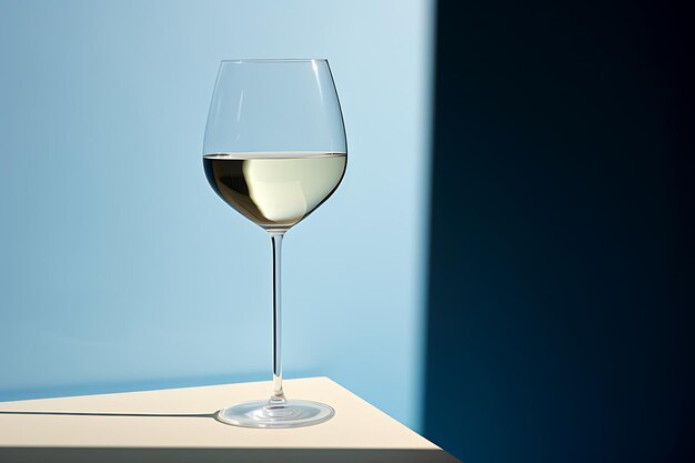 vaso de vino blanco con sombras sobre fondo azul