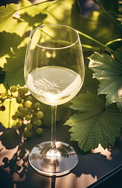 un vaso de vino claro con vino blanco sentado en el sol