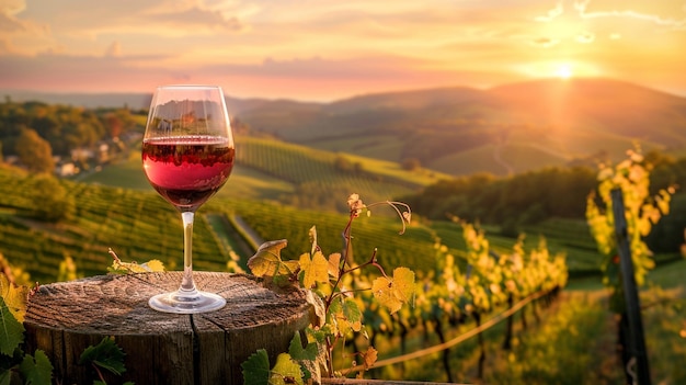 un vaso de vino está en una mesa con la puesta de sol en el fondo