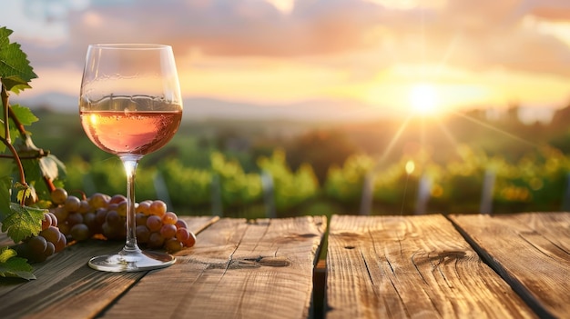 Foto un vaso de vino está en una mesa de madera con un ramo de uvas