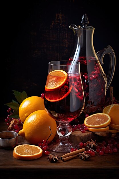 Foto un vaso de vino y naranjas con una jarra de líquido a su lado