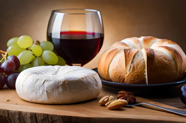 Foto un vaso de vino y pan en una mesa con uvas y uvas.