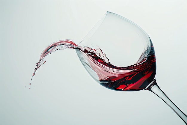un vaso de vino rojo en movimiento sobre un fondo blanco