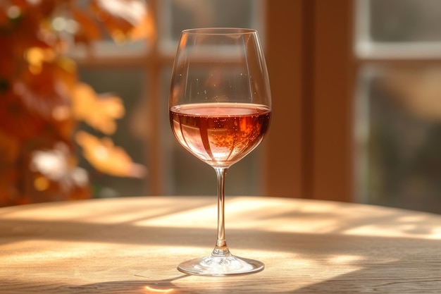 Un vaso de vino rosado en una mesa de madera con un fondo borroso de follaje de otoño