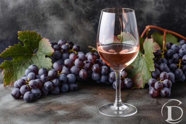 Un vaso de vino rosado con uvas en el fondo