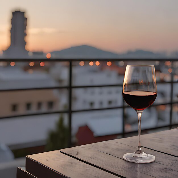 un vaso de vino sentado en una mesa con una vista de la ciudad