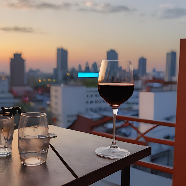 Foto un vaso de vino sentado en una mesa con una vista de la ciudad
