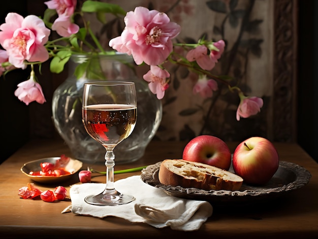 Foto un vaso de vino se sienta al lado de un plato de fruta y un plito de manzanas