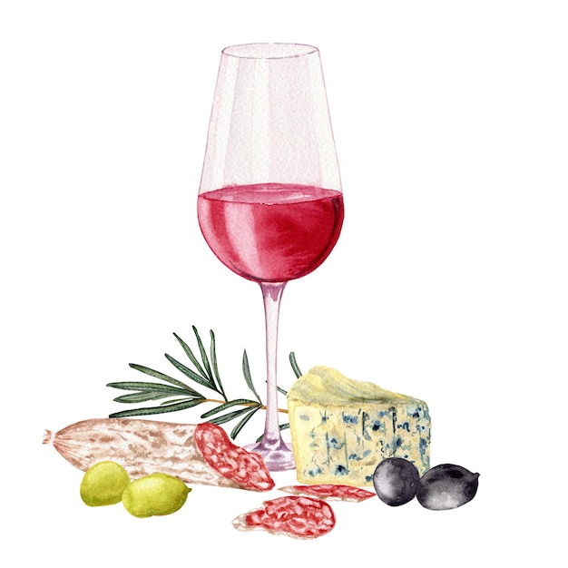 Vaso con vino tinto aceitunas romero rebanadas de salchicha fuet con moho blanco variedades queso azul clipart acuarela ilustración artística aislada para tarjetas menús carteles