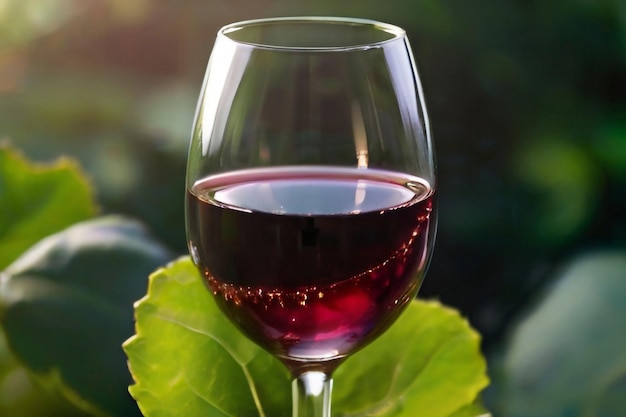 un vaso de vino tinto con una hoja verde en el fondo