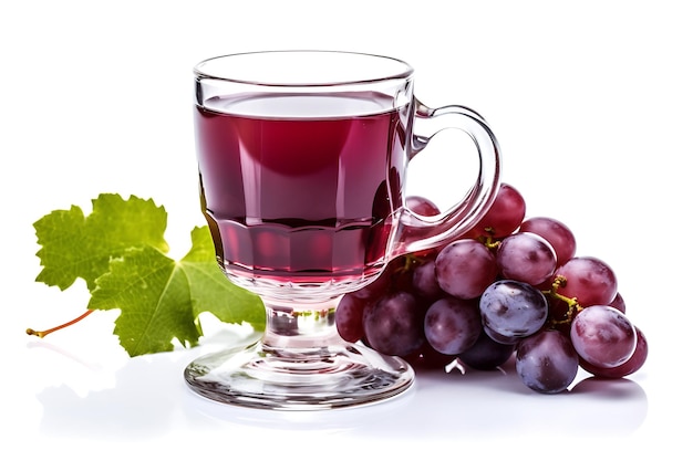 Un vaso de vino tinto junto a un ramo de uvas