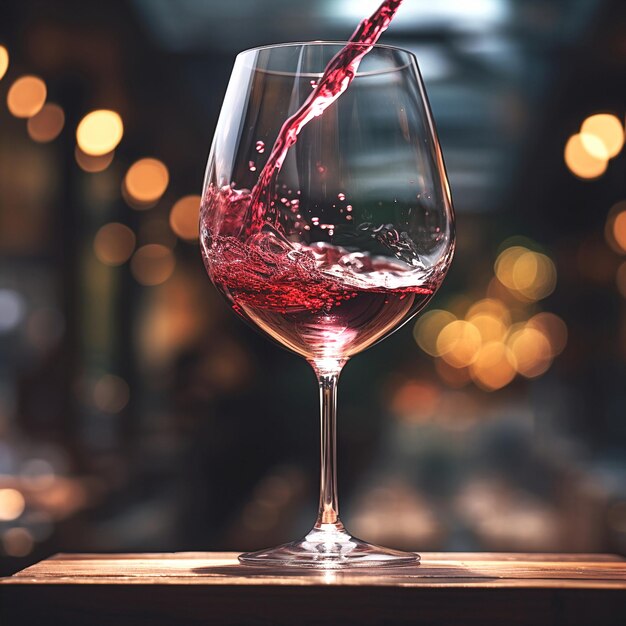 un vaso de vino tinto en la mesa en el café de la calle por la noche en la ciudad borroso semáforo de coche