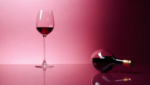 Un vaso de vino tinto en una superficie reflectante con un fondo rosa