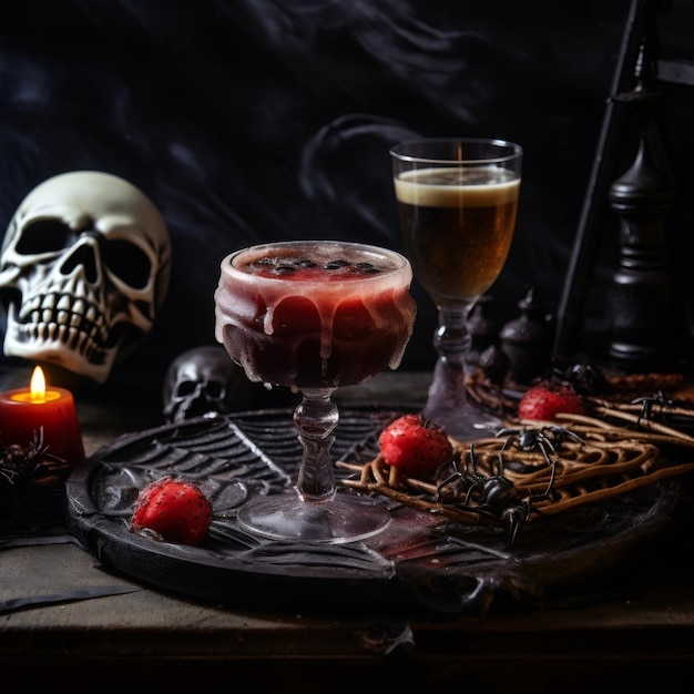 Foto un vaso vintage con una bebida venenosa roja y manchas se encuentra en un plato de madera una telaraña con una vela encendida y un cráneo de esqueleto en la mesa en una habitación oscura vista de cerca