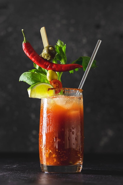 Vaso de vodka y bebida de jugo de tomate con apio, especias, sal y hielo en vasos de porción Cóctel Bloody Mary con muchas guarniciones Bebida alcohólica e ingredientes en la superficie de la mesa de hormigón oscuro