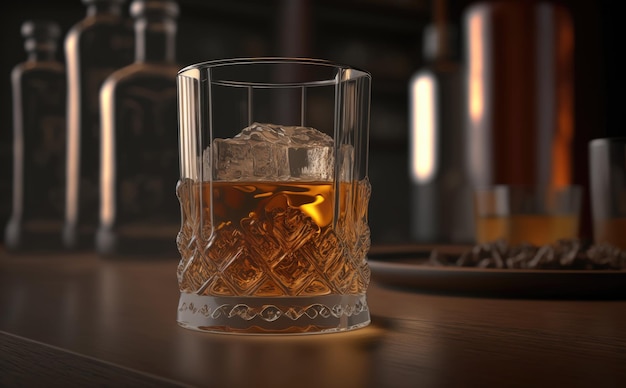 Un vaso de whisky en un bar con una botella de whisky al fondo. IA generado