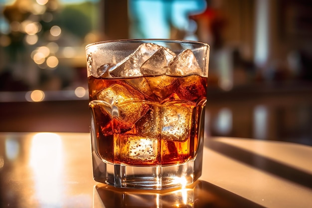 Vaso de whisky en una barra de bar con cubitos de hielo