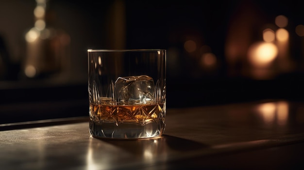 Un vaso de whisky en la barra de un bar