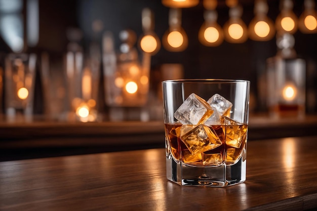 un vaso de whisky en la barra delante de la barra