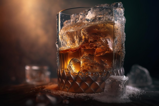 Vaso de whisky brandy Botella de whisky con hielo Vaso de whisky escocés y hielo sobre un barril de whisky rústico Cóctel antiguo Barriles clásicos de bourbon y amargos