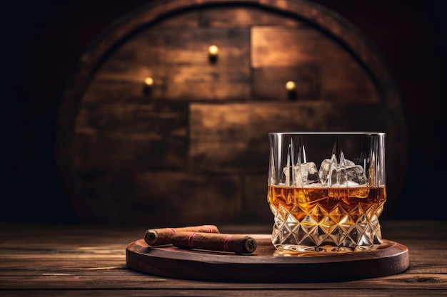 Vaso de whisky y cigarro en mesa de madera