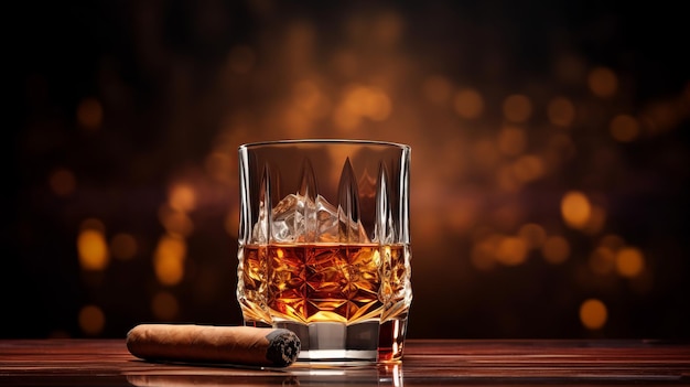 Un vaso de whisky y un cigarro en una mesa.