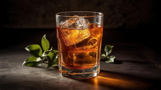 Un vaso de whisky con cubitos de hielo al lado