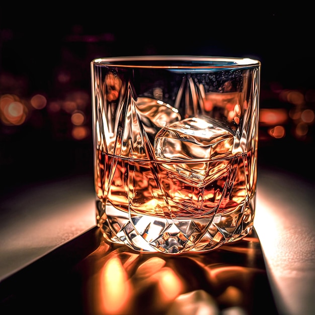 Vaso de whisky con cubitos de hielo en una barra de bar en una discoteca