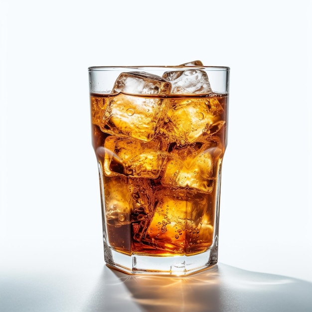 Un vaso de whisky con cubitos de hielo sobre fondo blanco.