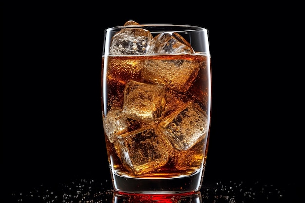 Un vaso de whisky con cubitos de hielo sobre un fondo negro