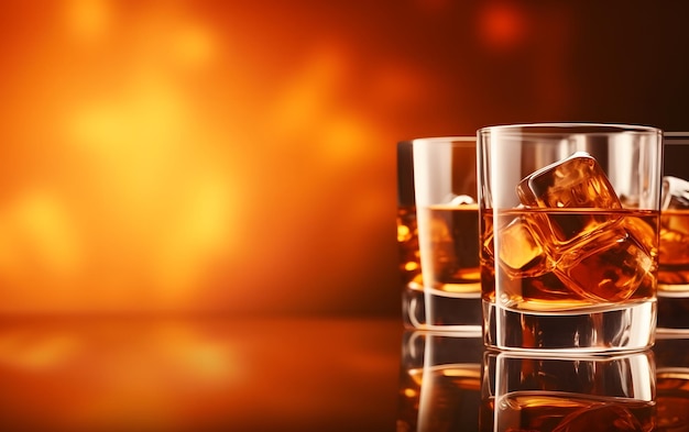 Un vaso de whisky con cubitos de hielo sobre una mesa